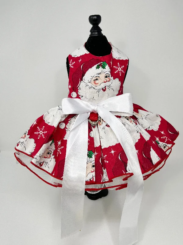 213  Red Santa Print Dress with Large White Bow.  Size XXS