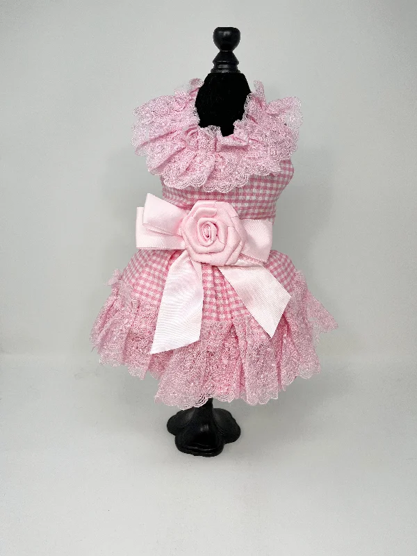 215  Pink Gingham Dress with Lace Collar & Trim Plus Large Pink Bow.  Size XS