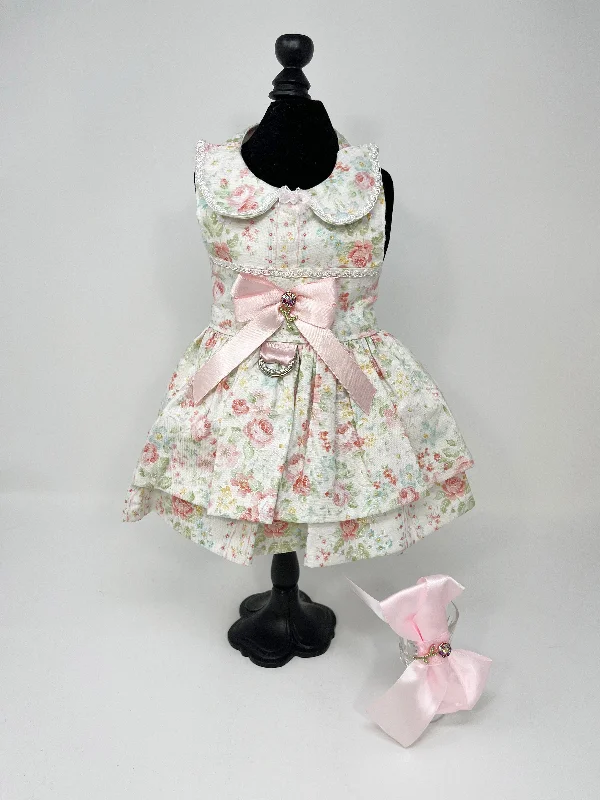 217  Pink Floral Print Dress with Pink Bow Plus Hair Bow.  Size XXS