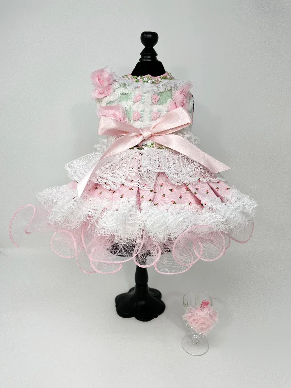 219  Pink Floral Dress with Tulle Skirt, Pink Bow and Hair Bow.  Size S