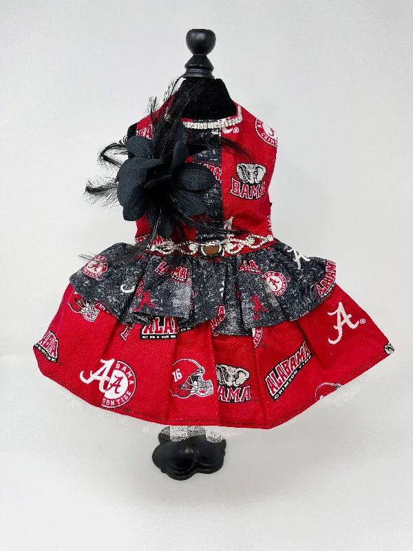 221  Red & Black Alabama Theme Dress with Large Black Flower.  Size XS