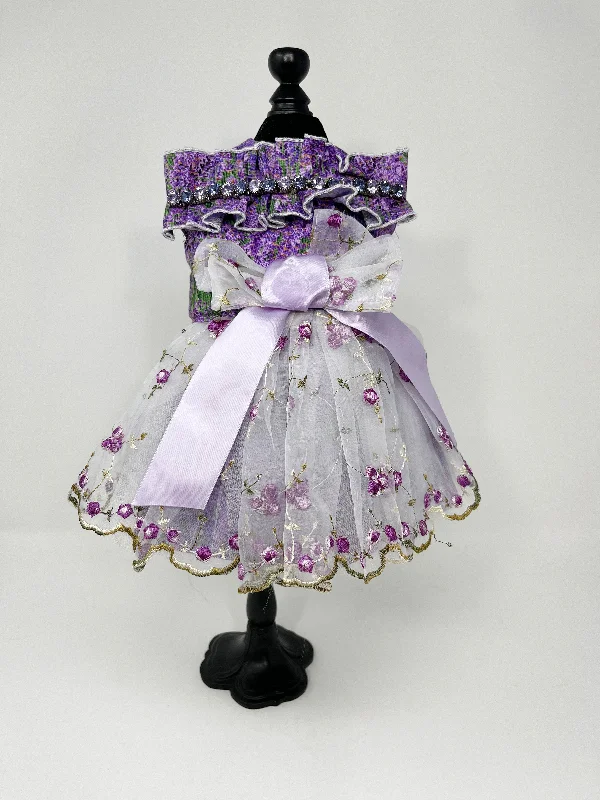 223  Purple Embroidered Dress with Embellished Neck and Large Purple Bow.  Size XS