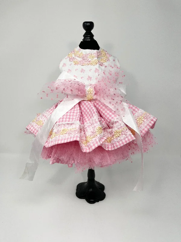 225  Pink Floral & Gingham Print Dress with Bow and Tulle Skirt.  Size XS