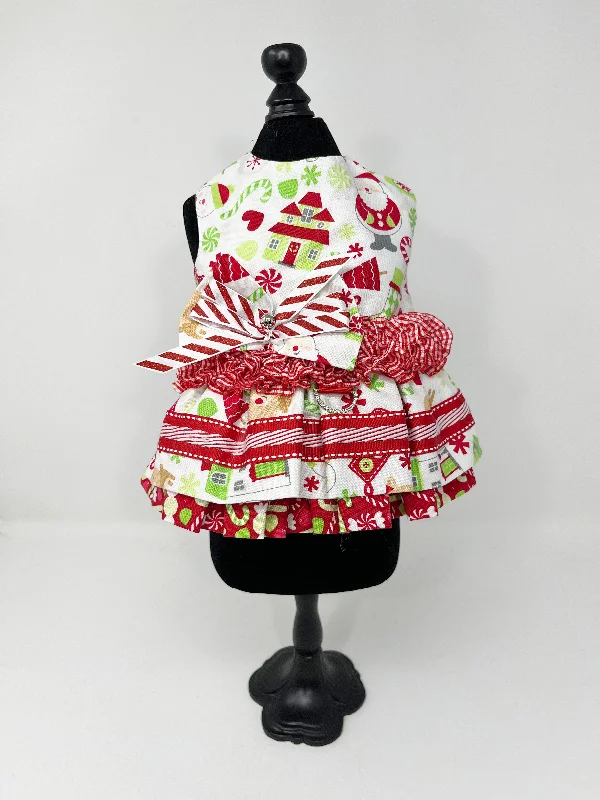 230  Red, Green & While Holiday Print Dress with Gingham Ruffle Waist.  Size XS