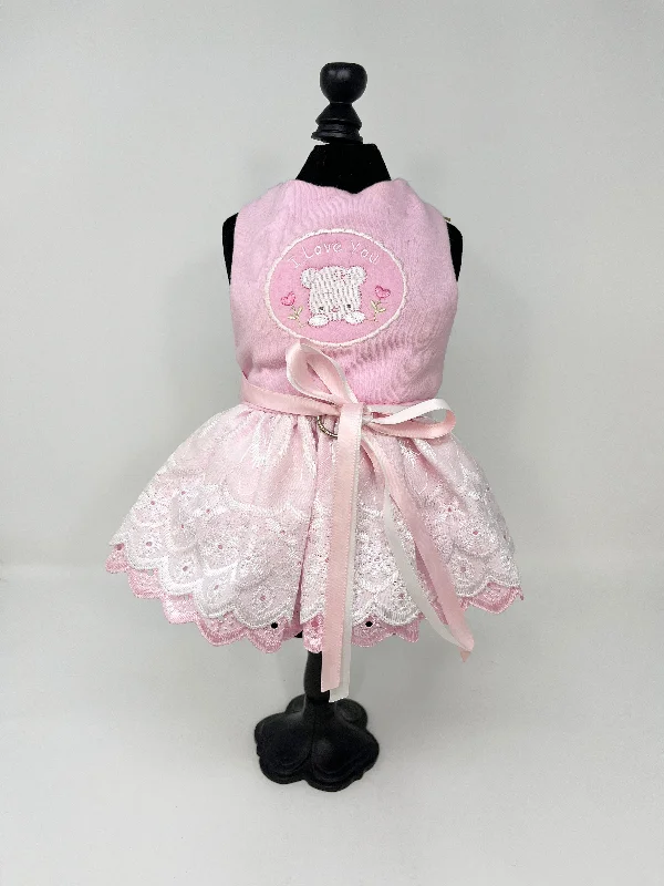 233  Pink 'I Love You' Embroidered Dress with Lace Skirts and Bow.  Size XXS