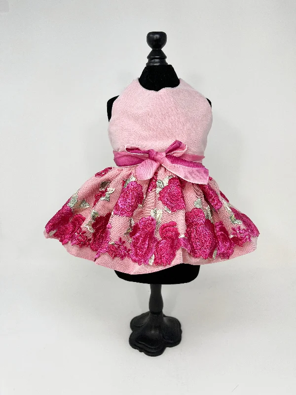 236  Pink Embroidered Flower Dress with Ribbon Belt.  Size XXS