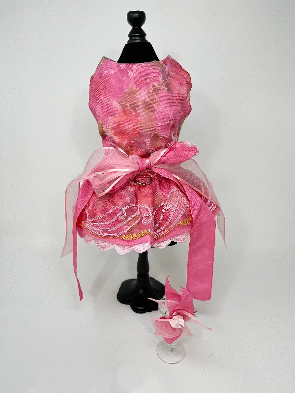 237  Pink Floral Print Dress with Embellished Skirt, Ribbon Belt and Hair Bow.  Size XXS