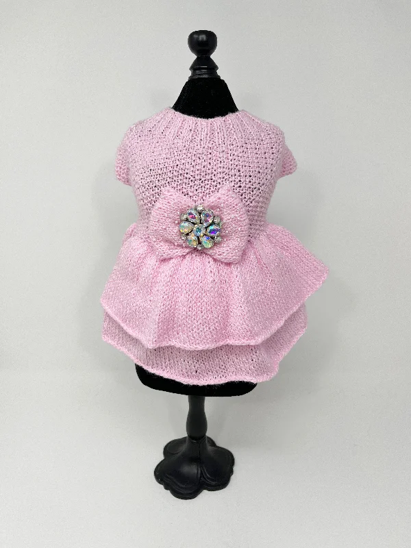 243  Pink Knit Dress with Jewel Embellished Waist Bow. Size XS