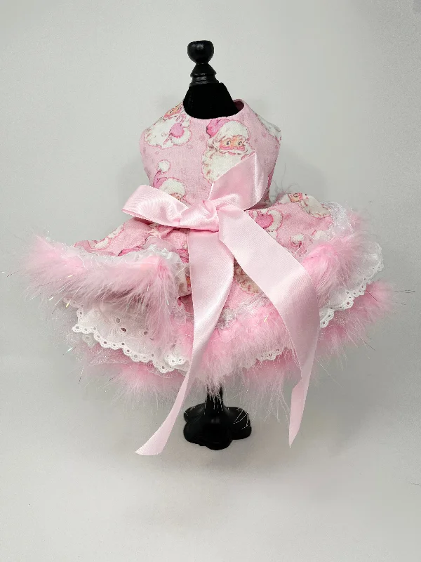 245  Pink Santa Print Dress with Pink Bow and Puffy Skirt.  Size XS.