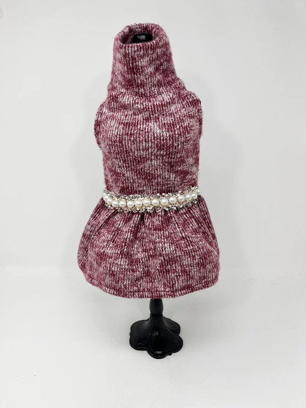 246  Maroon & White Knit Dress with Pearl & Jewel Embellished Waist.  Size S