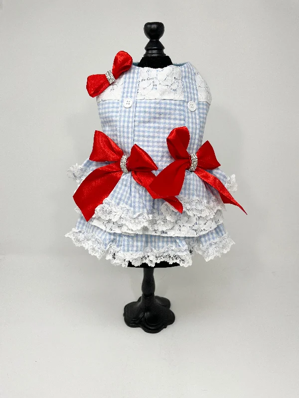 247  'Dorothy' Inspired Blue Gingham Dress with Red Bows.  Size XS