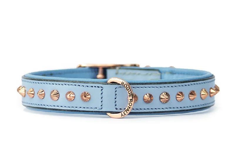 Hand Made Leather Dog Collar - Imperial Baby Blue & Rose Gold (Slimfit)