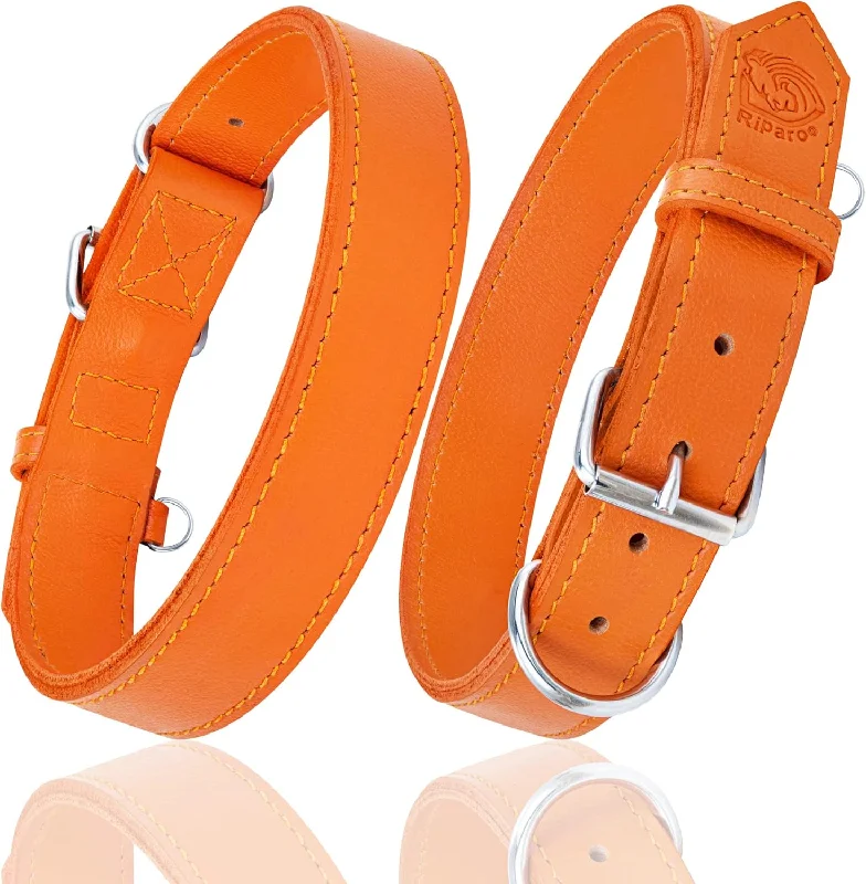 Dog Collar - Genuine Leather Dog Collar - Heavy Duty Hardware for Large and Extra Large Dog Breeds - Orange