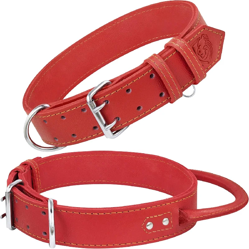 Dog Collar - Genuine Leather Dog Collars with Traffic Handle - Heavy Duty Hardware for Large and Extra Large Dog Breeds - Red