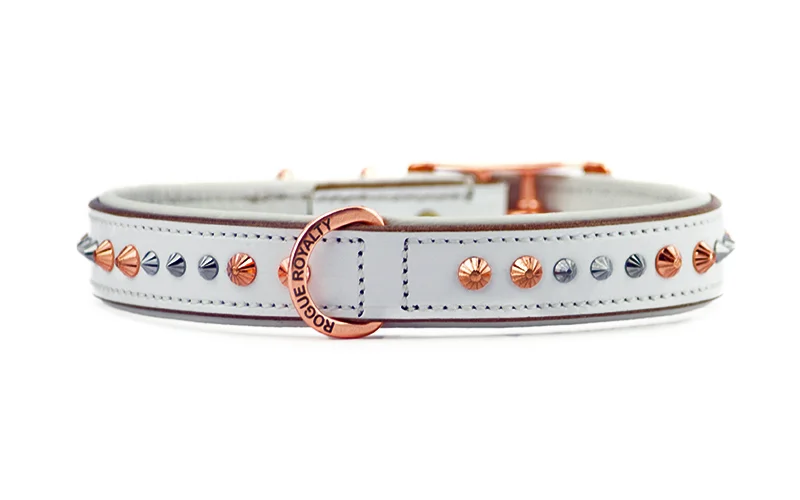 Hand Made Leather Dog Collar - Iced Out Rose Gold (Slimfit)