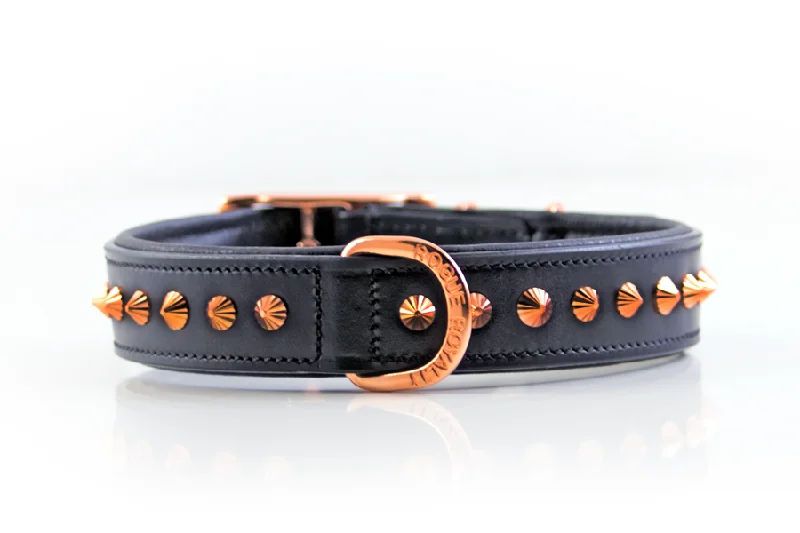 Hand Made Leather Dog Collar - Ruthless Black & Rose Gold (Slim Fit)