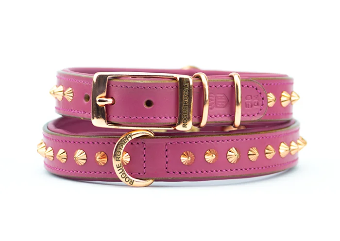 Hand Made Leather Dog Collar - Imperial Dusky Pink & Rose Gold (Slim Fit)