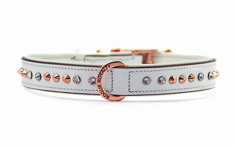 Hand Made Leather Dog Collar - White Crystal Rose Gold (Slimfit)