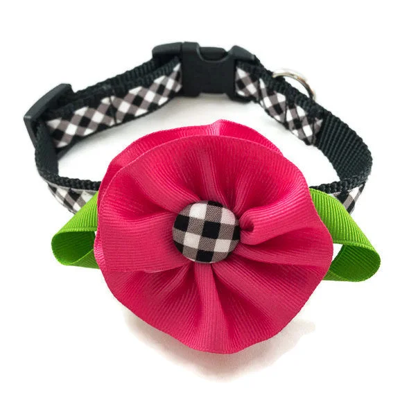 Dog Collar - Black Plaid with Pink Flower - Medium