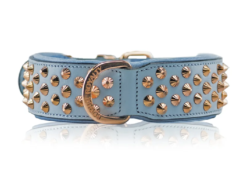 Hand Made Leather Dog Collar - Imperial Baby Blue & Rose Gold (Wide Fit)