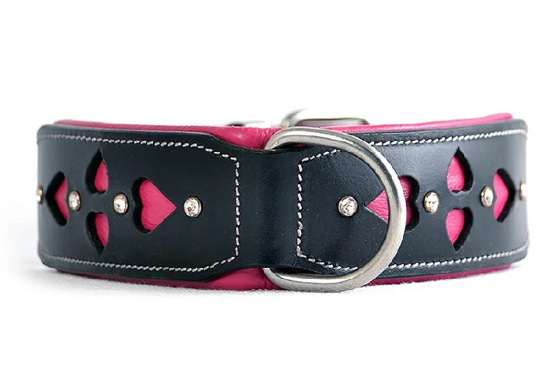 Hand Made Leather Dog Collar - Queen of Hearts (Wide Fit)