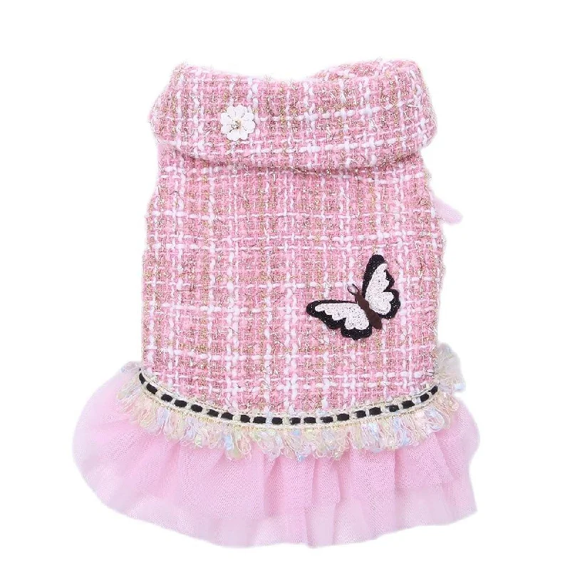 Princess Dog Cat Winter Dress Coat Plaid&Butterfly Design Pet Puppy Hoodie Warm Clothing Apperal