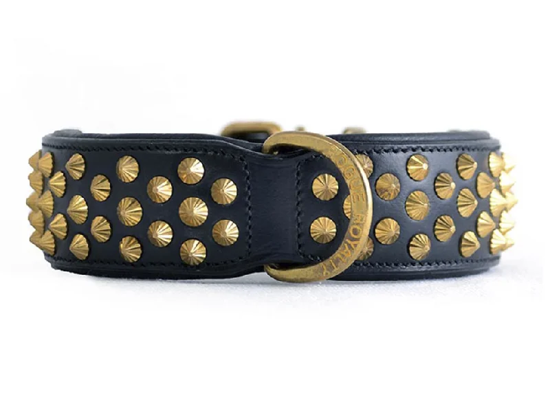 Hand Made Leather Dog Collar - Ruthless Black & Brass (Wide Fit)