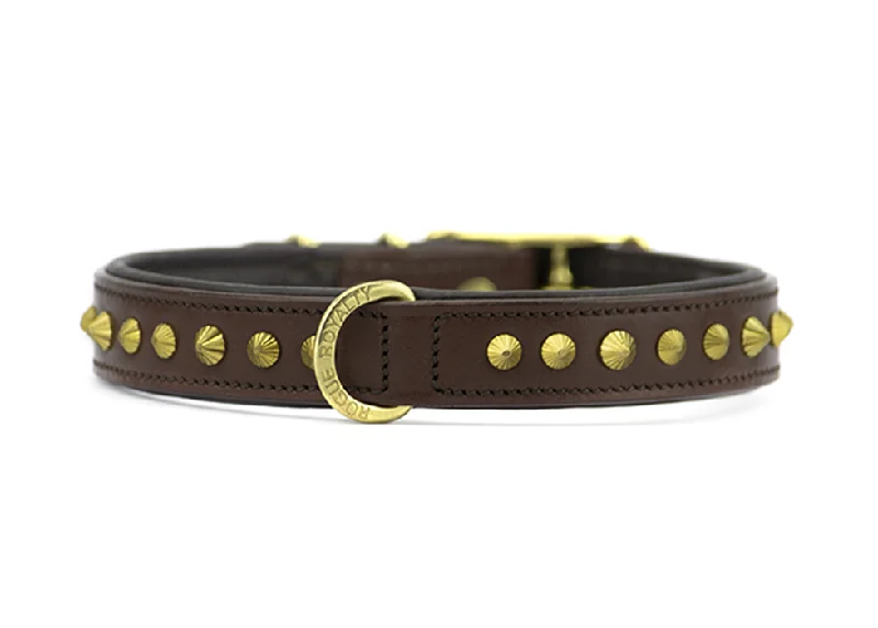 Hand Made Leather Dog Collar - Ruthless Brown & Brass (Slim Fit)