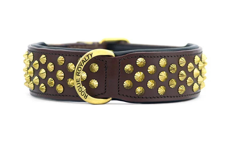 Hand Made Leather Dog Collar - Ruthless Brown & Brass (Wide Fit)